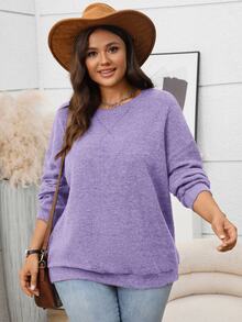 Rosumi Sudadera holgada de punto de cuello redondo, manga larga y hombros caídos en unicolor para talla grande. Ideal para el invierno, Año Nuevo, salidas y uso diario. Sencilla y de moda para mujeres de talla grande en invierno, Navidad y citas - Morado - Ver 8