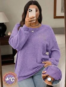Rosumi Sudadera holgada de punto de cuello redondo, manga larga y hombros caídos en unicolor para talla grande. Ideal para el invierno, Año Nuevo, salidas y uso diario. Sencilla y de moda para mujeres de talla grande en invierno, Navidad y citas - Morado - Ver 4