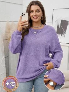 Rosumi Sudadera holgada de punto de cuello redondo, manga larga y hombros caídos en unicolor para talla grande. Ideal para el invierno, Año Nuevo, salidas y uso diario. Sencilla y de moda para mujeres de talla grande en invierno, Navidad y citas - Morado - Ver 10