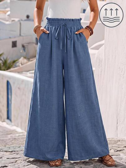Faunlyn Women's Vacation Casual Boho Tie-Waist Wide Leg Pants Beach Dusty Blue Summer