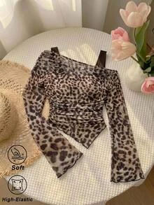 SHEIN MOD 女款豹紋抓皺修身百搭日常長袖T恤 - 彩色 - 查看 2