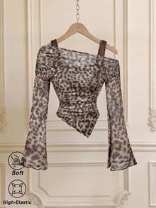 SHEIN MOD 女款豹紋抓皺修身百搭日常長袖T恤 - 彩色 - 查看 1