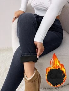 SHEIN Tall CURVE 大尺碼時尚街頭鈕扣口袋牛仔褲休閒冬季優雅Y2K可愛基礎時髦萬聖節圖案聖誕毛絨抓絨高個CURVE - 黑色 - 查看 8