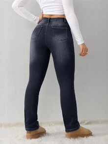 SHEIN Tall CURVE 大尺碼時尚街頭鈕扣口袋牛仔褲休閒冬季優雅Y2K可愛基礎時髦萬聖節圖案聖誕毛絨抓絨高個CURVE - 黑色 - 查看 3