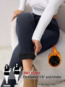 SHEIN Tall CURVE 大尺碼時尚街頭鈕扣口袋牛仔褲休閒冬季優雅Y2K可愛基礎時髦萬聖節圖案聖誕毛絨抓絨高個CURVE - 黑色 - 查看 2