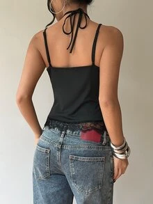 Siren Gaze Atasan Tali Spageti Wanita dengan Patchwork Renda, Hitam, untuk Malam Hari dan Musim Panas, Seksi, untuk Pergi Keluar - Hitam - View 8