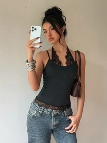 Siren Gaze Atasan Tali Spageti Wanita dengan Patchwork Renda, Hitam, untuk Malam Hari dan Musim Panas, Seksi, untuk Pergi Keluar - Hitam - View 7