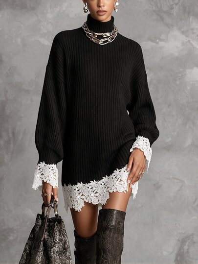 SHEIN [5% Wool]Women's New Autumn Winter Black French Lace Trim Turtleneck Lantern Sleeve Elegant Fashion Knit Sweater Dress For Daily Wear, Commute, Dating