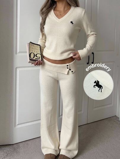 CovetEZ 2 Set Women's Knight Graphic V-Neck Long Sleeve Top And Pants Knit 2 Pieces Set Everyday Travel Off-White Autumn Casual