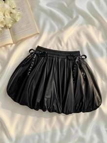 SHEIN MOD 女款時尚蝴蝶結腰飾花苞裙 - 黑色 - 查看 2