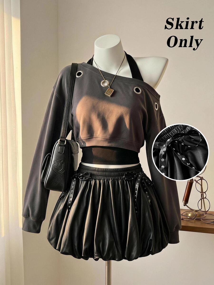 SHEIN MOD 女款時尚蝴蝶結腰飾花苞裙 - 黑色 - 查看 1