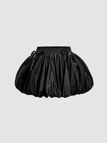 SHEIN MOD 女款時尚蝴蝶結腰飾花苞裙 - 黑色 - 查看 3