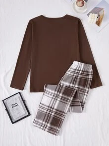 Teen Boy Knight Print Long Sleeve Top And Plaid Long Pants Loungewear - Multicolor - View 3