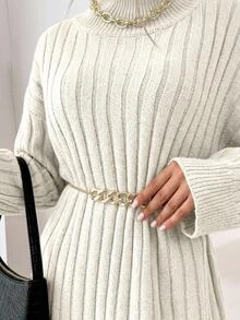 SHEIN Autumn/Winter Casual Solid Color High Neck Knit Dress - White - View 8