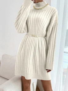 SHEIN Autumn/Winter Casual Solid Color High Neck Knit Dress - White - View 3