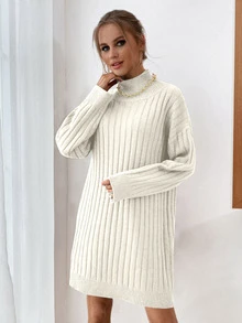 SHEIN Autumn/Winter Casual Solid Color High Neck Knit Dress - White - View 6