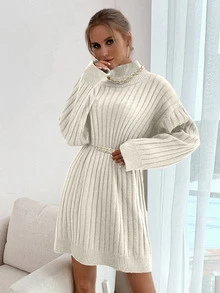 SHEIN Autumn/Winter Casual Solid Color High Neck Knit Dress - White - View 5