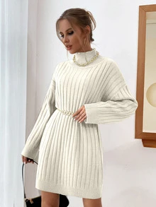 SHEIN Autumn/Winter Casual Solid Color High Neck Knit Dress - White - View 4