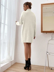 SHEIN Autumn/Winter Casual Solid Color High Neck Knit Dress - White - View 2