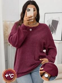 Rosumi 女款大尺碼純色圓領長袖運動衫，休閒傳統寬鬆柔軟優雅酒紅色秋季上衣，正式居家晚裝 - 酒紅色 - 查看 5