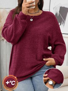 Rosumi 女款大尺碼純色圓領長袖運動衫，休閒傳統寬鬆柔軟優雅酒紅色秋季上衣，正式居家晚裝 - 酒紅色 - 查看 1
