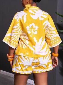 Zivah 春夏新款宽松短袖衬衫上衣和短裤两件套，热带植物印花，适合度假、休闲、海滩、篝火晚会、日光浴，大码尺码，夏季穿搭 - 黃色 - 查看 4