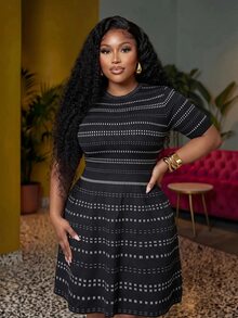 Zivah 2026 Fall Women's Plus Size Tummy Control Breathable Elegant Romantic Black White Contrast A-Line Short Sleeve Mini Dress Evening Office - Black and White - View 7