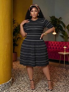 Zivah 2026 Fall Women's Plus Size Tummy Control Breathable Elegant Romantic Black White Contrast A-Line Short Sleeve Mini Dress Evening Office - Black and White - View 5
