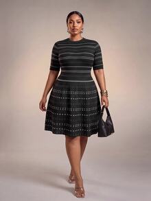 Zivah 2026 Fall Women's Plus Size Tummy Control Breathable Elegant Romantic Black White Contrast A-Line Short Sleeve Mini Dress Evening Office - Black and White - View 1