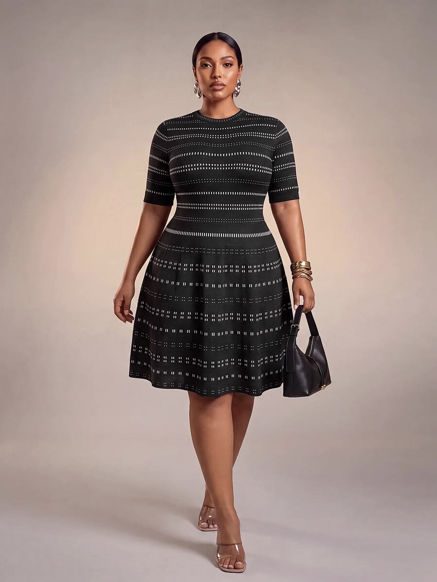 Zivah 2026 Fall Women's Plus Size Tummy Control Breathable Elegant Romantic Black White Contrast A-Line Short Sleeve Mini Dress Evening Office - Black and White - View 1
