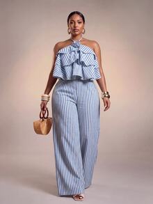 Zivah 大码 2025 春夏新品 加大码 条纹印花 夏季度假服 女装 夏装 女式连体裤 女式套头衫 女式工作服 女装 夏装 女式两件套 - 藍白色 - 查看 1