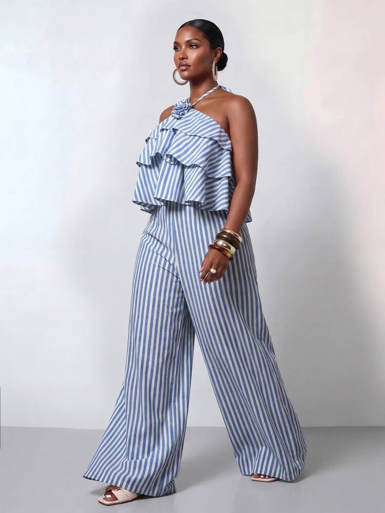 Zivah Plus Size 2025 Spring/Summer New Arrival Striped Print Drop Vacation Clothes Women Jumpsuit Jumpers Suits Work Beach Outfits Two Pieces Blue And White - Blue and White - View 2