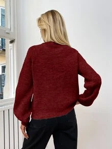 EURMUSE Casual Solid Color Raglan Sleeve Sweater, Autumn/Winter - Rose Red - View 2