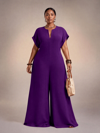 Veslaya 2025 New Vintage Elegant V-Neck Purple Short Sleeve Jumpsuit, Plus Size Women Party Evening Vacation Summer