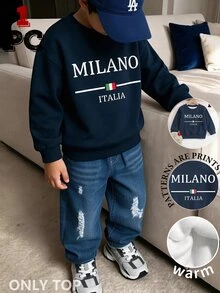男嬰休閒 Milano Italy 字母印花圓領長袖衛衣，運動學院風柔軟套頭上衣，適合秋冬穿著 - 彩色 - 查看 3
