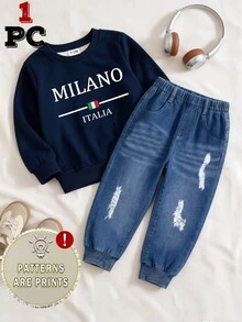 男嬰休閒 Milano Italy 字母印花圓領長袖衛衣，運動學院風柔軟套頭上衣，適合秋冬穿著 - 彩色 - 查看 5