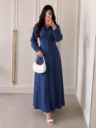 Modelyn Women's Woven Blue And White Stripe Long Sleeve Collared Elegant French Commute Casual Long Dress Teachers' Day Office Brunch Autumn