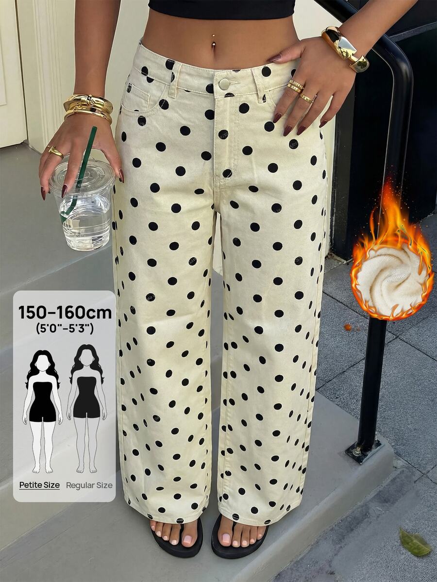 SHEIN PETITE بنطلون جينز نسائي بنقشة نقاط كاجوال للارتداء اليومي ملابس خريفية خريف/شتاء رسمي أعمال أنيق أساسي قوطي هالوين عيد الميلاد مهرجان فرو ناعم PETITE - أبيض - مشاهدة 1