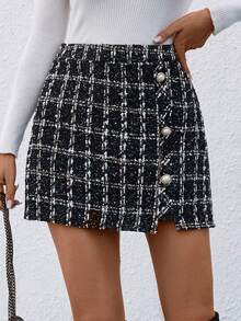 Calvaya Elegant Plaid Skirt For Commuting, Autumn - Black - View 5