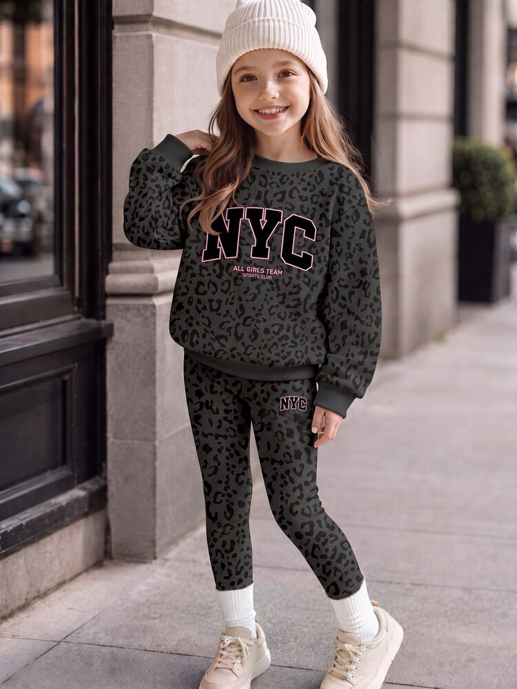 Black & Pink Fashionable Leopard Print Sporty Colorblock NYC Letter Graphic, Young Girl Casual Soft Comfortable Loose Crew Neck Pullover Sweatshirt & Leggings 2 Pieces Set, New Outfit For Autumn/Winter Daily, Streetwear, Sweet & Cool Back To School, American High Street, Sweet & Cool Lazy, Relaxed Fashion, Fleece Lined - Multicolor - View 3