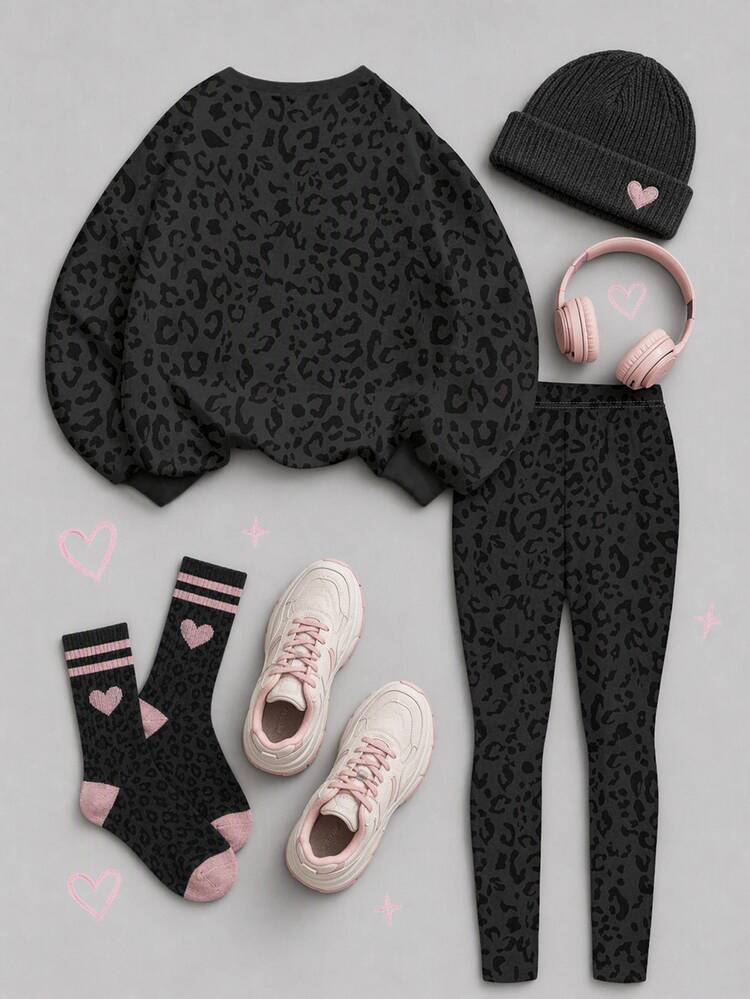Black & Pink Fashionable Leopard Print Sporty Colorblock NYC Letter Graphic, Young Girl Casual Soft Comfortable Loose Crew Neck Pullover Sweatshirt & Leggings 2 Pieces Set, New Outfit For Autumn/Winter Daily, Streetwear, Sweet & Cool Back To School, American High Street, Sweet & Cool Lazy, Relaxed Fashion, Fleece Lined - Multicolor - View 2