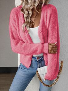 Calvaya Solid Color Front Button V-Neck Elegant Mink Hair Cardigan With Short Length, Long Sleeve Fall Winter Cloth For Women - Watermelon Pink - View 3