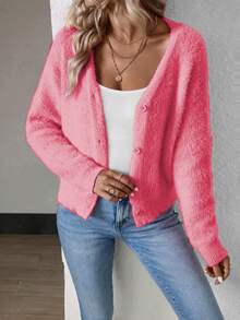 Calvaya Solid Color Front Button V-Neck Elegant Mink Hair Cardigan With Short Length, Long Sleeve Fall Winter Cloth For Women - Watermelon Pink - View 7