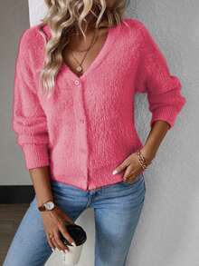 Calvaya Solid Color Front Button V-Neck Elegant Mink Hair Cardigan With Short Length, Long Sleeve Fall Winter Cloth For Women - Watermelon Pink - View 4