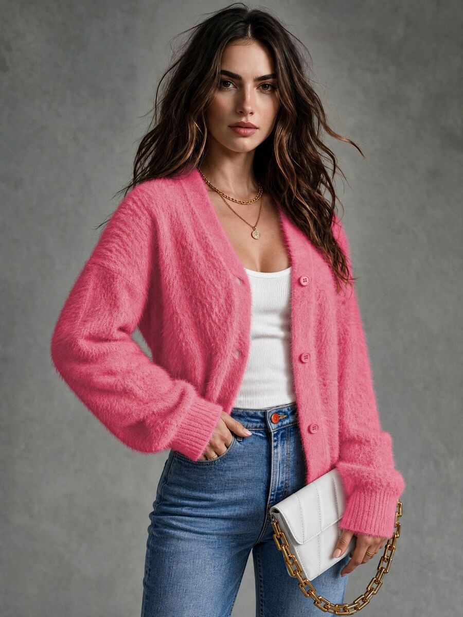 Calvaya Solid Color Front Button V-Neck Elegant Mink Hair Cardigan With Short Length, Long Sleeve Fall Winter Cloth For Women - Watermelon Pink - View 1