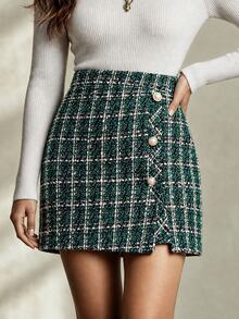 Calvaya Women's Plaid Metal Button Decorated Elegant Skirt - Dark Green - View 3