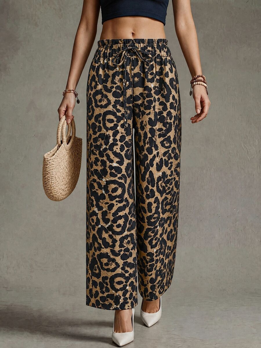 Calvaya Leopard Print Wide Leg Pants, Fashionable For Summer Fall Cloth For Women - Multicolor - View 1