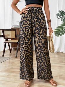 Calvaya Leopard Print Wide Leg Pants, Fashionable For Summer Fall Cloth For Women - Multicolor - View 5