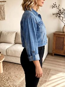 EMERY ROSE EMERY ROSE Plus Size Women's Single-Breasted Casual Traditional Denim Top For Daily Wear Autumn Formal Brunch Blue Light Beach - Blue - View 3
