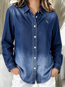 EMERY ROSE EMERY ROSE Plus Size Fashion Embroidered Single-Breasted Long Sleeve Denim Top Autumn/ Going Out Formal Club Beach Tops Blue Casual Loose Fit Traditional - Blue - View 2